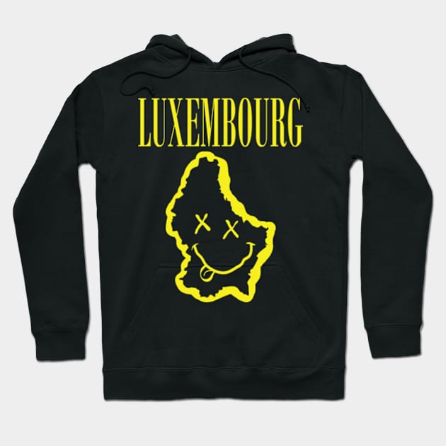 Vibrant Luxembourg: Unleash Your 90s Grunge Spirit! Smiling Squiggly Mouth Dazed Smiley Face Hoodie by pelagio